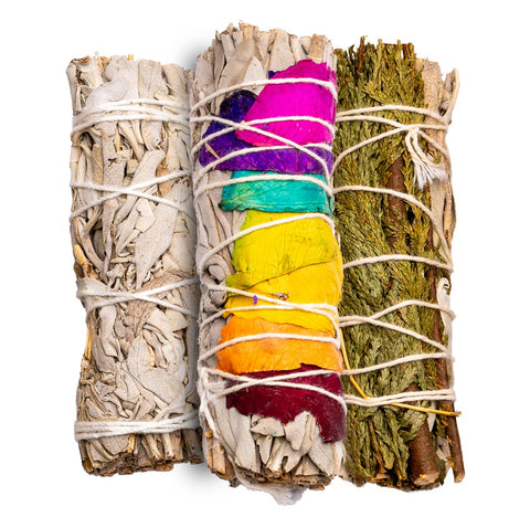Smudge Stick Räucherbündel Set - Weißer Salbei und weißer Salbei mit Rosenblüten & Zedernspitzen