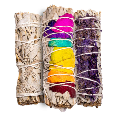 Smudge Stick Räucherbündel Set - Weißer Salbei und weißer Salbei mit Rosenblüten & Lavendel
