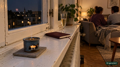 Räucherstövchen auf der Fensterbank in der Silvesternacht mit Blick über die Stadt