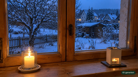 Kerze und Räucherstövchen am Fenster mit Blick auf verschneiten Garten in der blauen Stunde