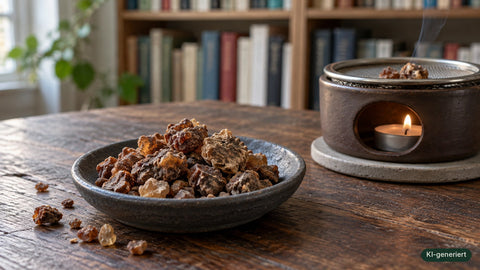 Schale mit Myrrhe-Harz und Räucherstövchen auf dunklem Holztisch