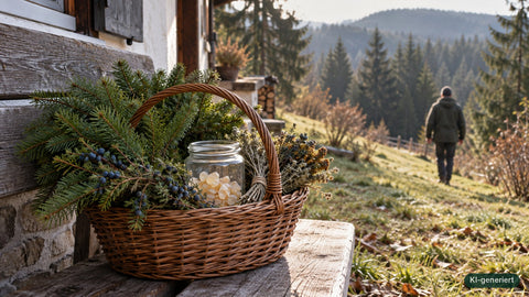 Weidenkorb mit Fichtenzweigen, Wacholder, Kräutern und Glas mit Fichtenharz am Waldrand