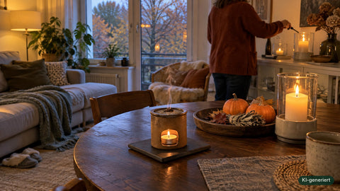 Räucherstövchen mit Kürbissen und Kerzen im herbstlichen Wohnzimmer