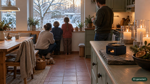 Räucherstövchen und Kerzen in der Küche, Familie blickt auf verschneiten Garten