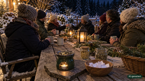 Räucherstövchen und Schale mit Wunschzetteln auf einem Tisch im verschneiten Garten