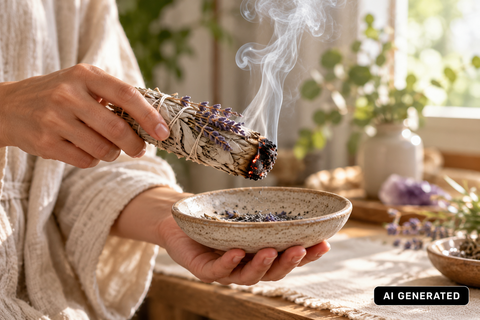 Smudge Stick anwenden: Räucherbündel aus weißem Salbei und Lavendel mit sanftem Rauch