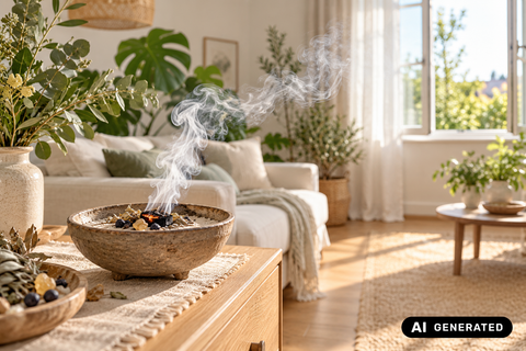 Wohnung räuchern: Räucherschale mit Kräutern in einem hellen Wohnzimmer