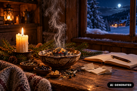 Raunächte räuchern: Räucherschale mit Kerze und Notizbuch in einer verschneiten Winternacht