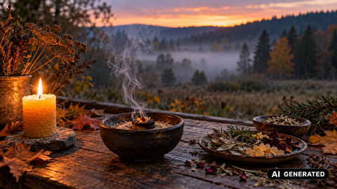 Samhain räuchern: Räucherritual mit Kerze in nebliger Herbstlandschaft