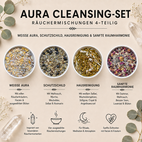 Aura Cleansing Set – 4-teiliges Räucherset mit Weiße Aura, Schutzschild, Hausreinigung & Sanfte Raumharmonie
