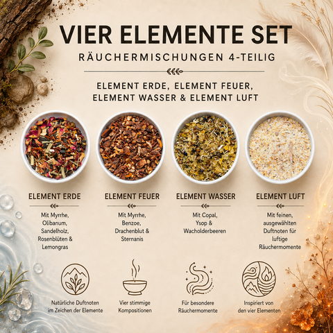 Die vier Elemente Räucherset – Erde, Wasser, Luft & Feuer | 4-teilig mit 4 Räuchermischungen à 15 g