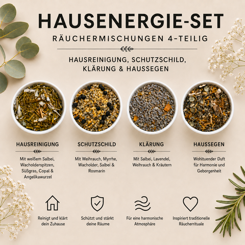 Hausenergie-Set Räuchermischungen – Hausreinigung, Schutzschild, Klärung nach Besuch & Haussegen| 4 x 15 g Räucherwerk
