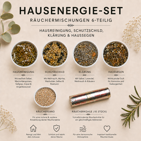 Hausenergie-Set Räuchermischungen – Hausreinigung, Schutzschild, Klärung nach Besuch & Haussegen| 4 x 15 g Räucherwerk