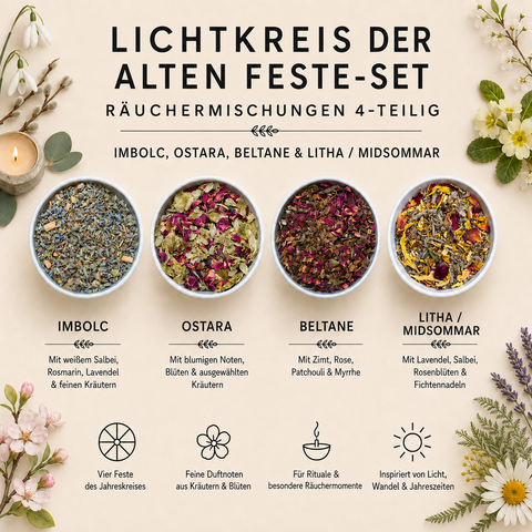Jahreskreis-Set „Lichtkreis der alten Feste“ – 4 Räuchermischungen für Imbolc, Ostara, Beltane & Litha | Ritualräucherung Jahreskreis