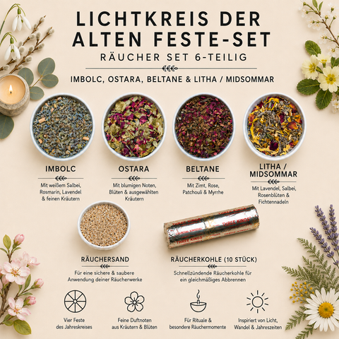 Jahreskreis-Set „Lichtkreis der alten Feste“ – 4 Räuchermischungen für Imbolc, Ostara, Beltane & Litha | Ritualräucherung Jahreskreis