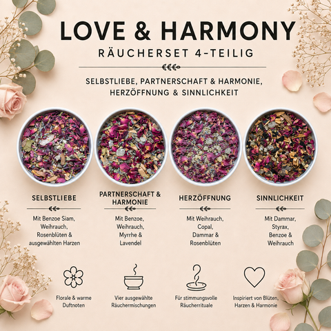 Love & Harmony Räucherset – 4-teilig mit Räuchermischungen für Selbstliebe, Partnerschaft & Harmonie und Sinnlichkeit