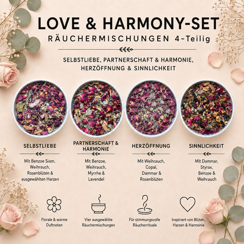 Love & Harmony Räucherset – 4-teilig mit Räuchermischungen für Selbstliebe, Partnerschaft & Harmonie und Sinnlichkeit
