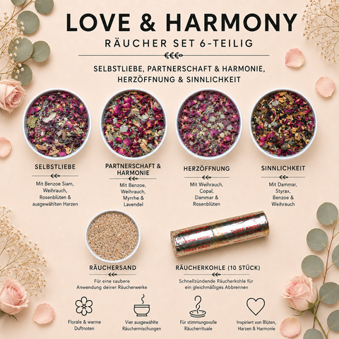 Love & Harmony Räucherset – 4-teilig mit Räuchermischungen für Selbstliebe, Partnerschaft & Harmonie und Sinnlichkeit