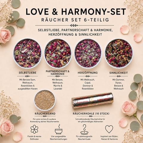 Love & Harmony Räucherset – 4-teilig mit Räuchermischungen für Selbstliebe, Partnerschaft & Harmonie und Sinnlichkeit