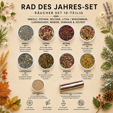 Rad des Jahres Räuchermischungen Set 8-teilig – Imbolc, Ostara, Beltane, Litha, Lughnasadh, Mabon, Samhain & Julfest | Ritual Räucherwerk Jahreskreis