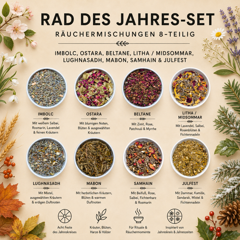 Rad des Jahres Räuchermischungen Set 8-teilig – Imbolc, Ostara, Beltane, Litha, Lughnasadh, Mabon, Samhain & Julfest | Ritual Räucherwerk Jahreskreis