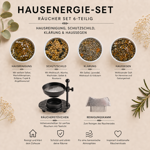 Hausenergie-Set Räuchermischungen – Hausreinigung, Schutzschild, Klärung nach Besuch & Haussegen| 4 x 15 g Räucherwerk