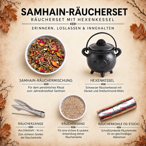 Samhain-Räucherset „Ahnennacht“ – Hexenkessel Sonne & Mond, Kohle, Sand, Zange & 3 Räucherwerke