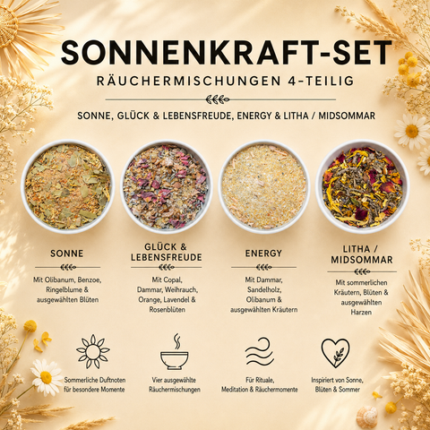 Sonnenkraft-Set Räuchermischungen – 4-teilig mit Sonne, Glück & Lebensfreude, Energy & Litha Midsommar | Räucherset für sommerliche Rituale
