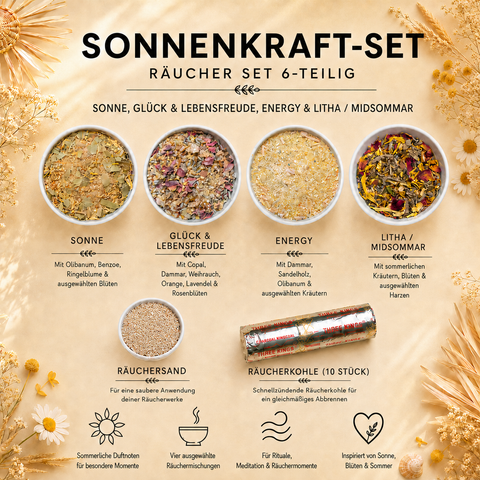 Sonnenkraft-Set Räuchermischungen – 4-teilig mit Sonne, Glück & Lebensfreude, Energy & Litha Midsommar | Räucherset für sommerliche Rituale