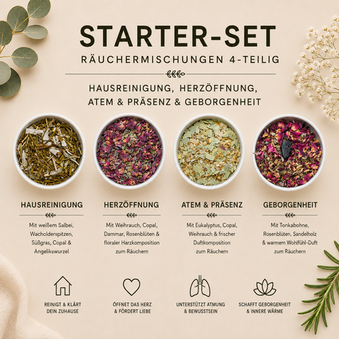 Starter-Set Räuchermischungen 4-teilig – Hausreinigung, Herzöffnung, Atem Präsenz & Geborgenheit
