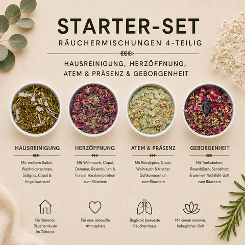 Starter-Set Räuchermischungen 4-teilig – Hausreinigung, Herzöffnung, Atem Präsenz & Geborgenheit