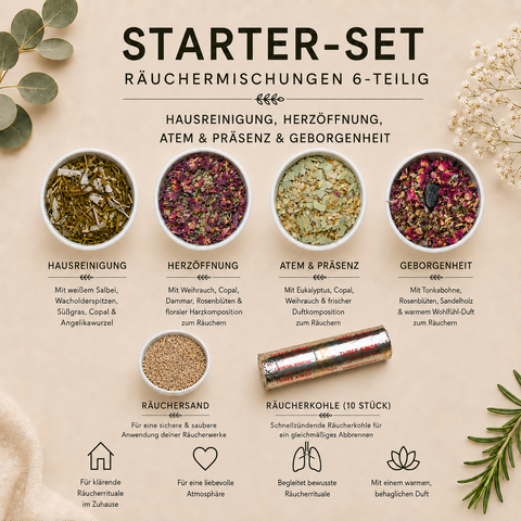 Starter-Set Räuchermischungen 4-teilig – Hausreinigung, Herzöffnung, Atem Präsenz & Geborgenheit
