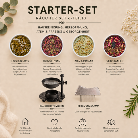 Starter-Set Räuchermischungen 4-teilig – Hausreinigung, Herzöffnung, Atem Präsenz & Geborgenheit