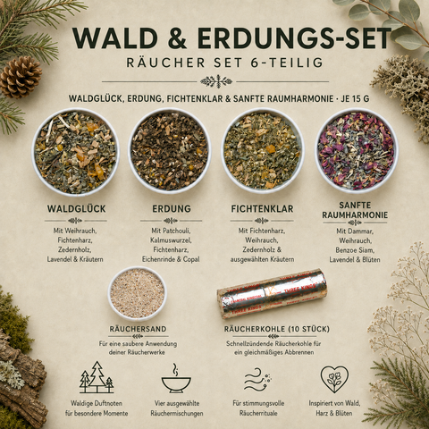 Wald & Erdung Räucher Set 4-teilig – Waldglück, Erdung, Fichtenklar & Sanfte Raumharmonie je 15 g