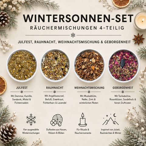 Wintersonnenwende Räucherset 4-teilig – Julfest, Raunacht, Weihnachtsmischung & Geborgenheit | Räuchermischungen für die Winterzeit